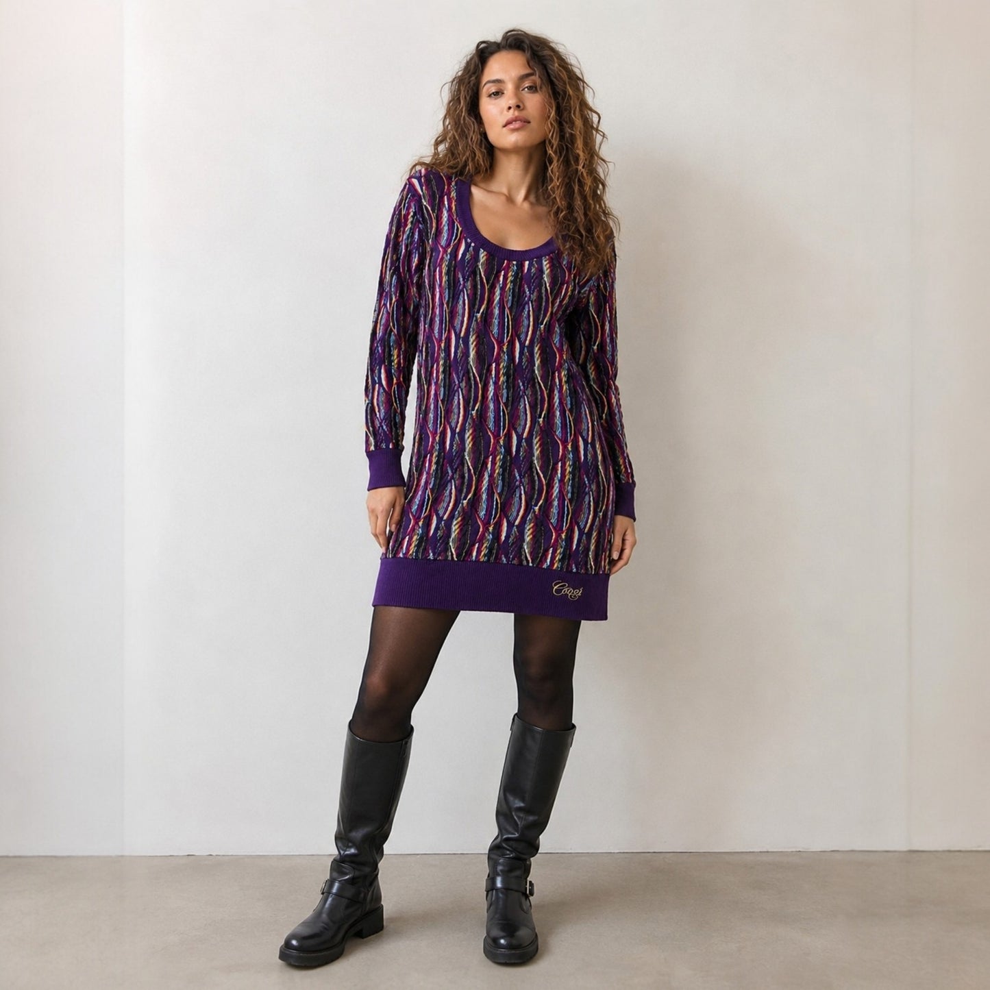 COOGI Damen Longpullover Strickkleid Gr. XL – Buntes 3D Strukturmuster in Lila/Pink Vintage Y2K