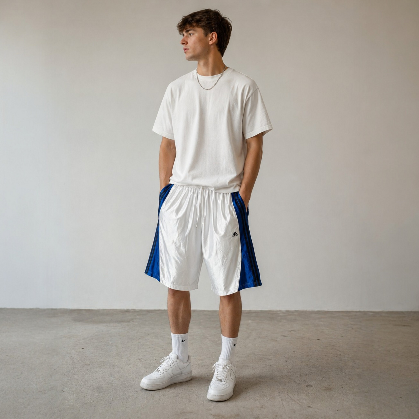Adidas Basketball Shorts Weiß Blau 3 Streifen – Locker Fit, Vintage Style, Größe L
