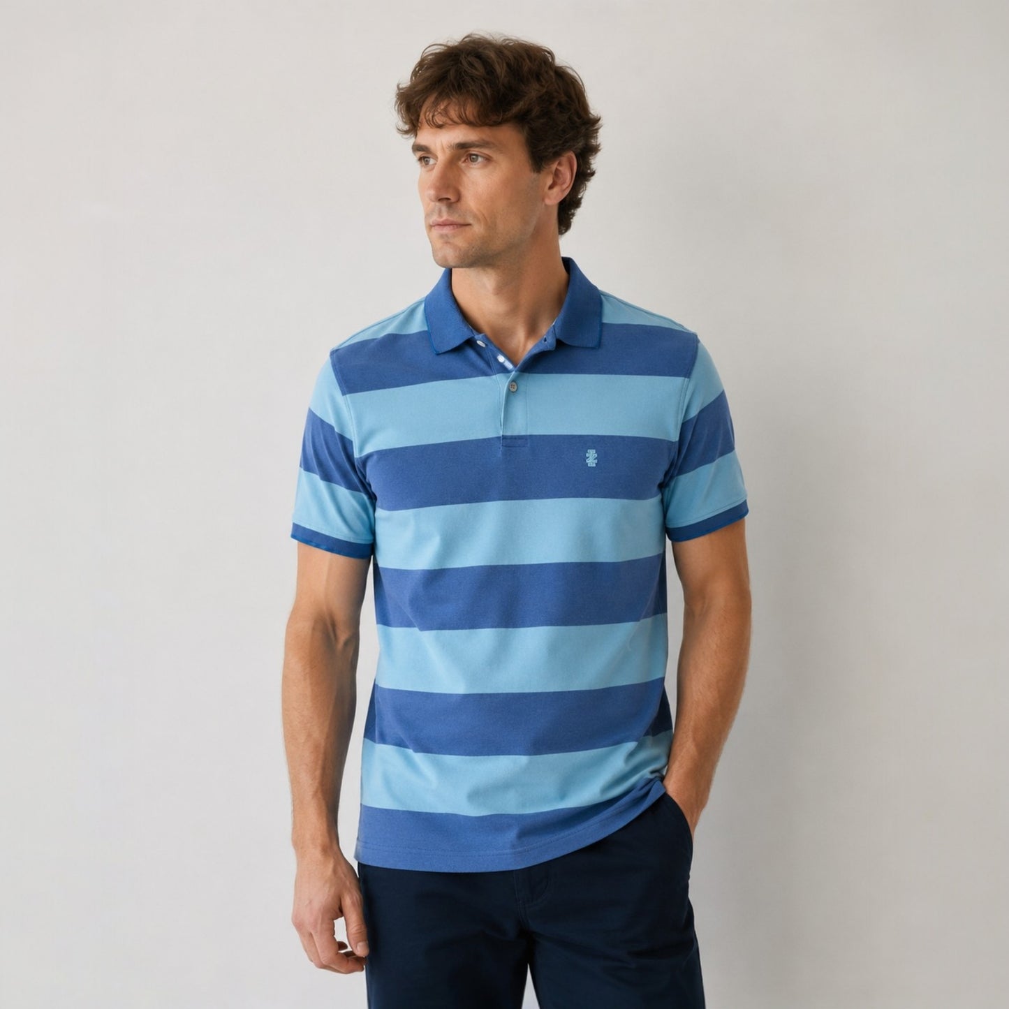 IZOD Advantage Performance Polo Shirt Blau/Türkis Gestreift Gr. M Logo Stickerei