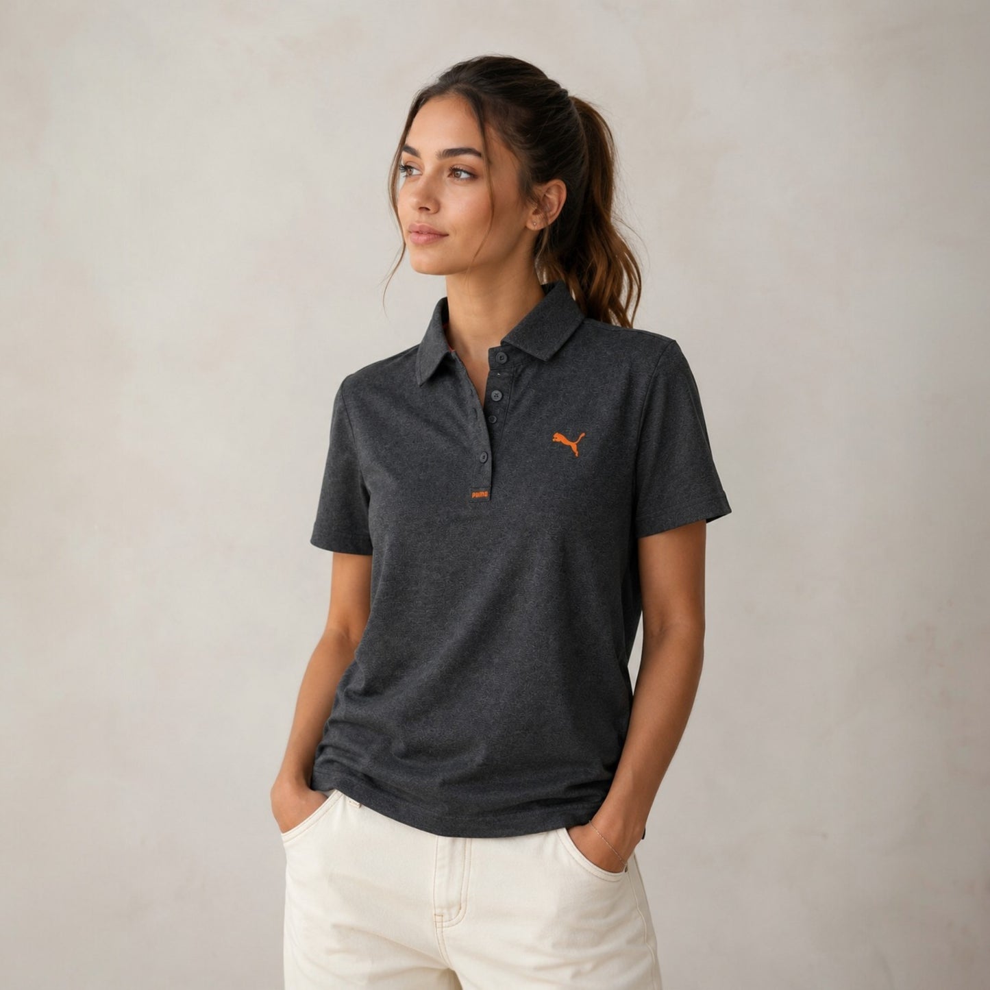 Puma Polo Shirt Grau Meliert Orange Logo Print Baumwolle Gr. S 44/46