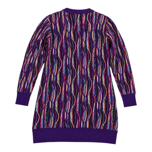 COOGI Damen Longpullover Strickkleid Gr. XL – Buntes 3D Strukturmuster in Lila/Pink Vintage Y2K