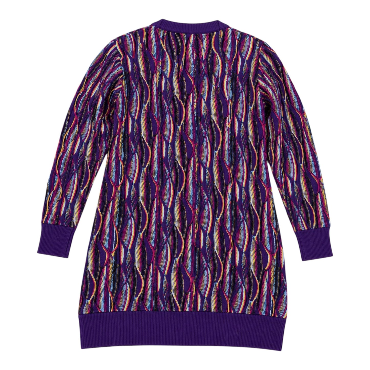 COOGI Damen Longpullover Strickkleid Gr. XL – Buntes 3D Strukturmuster in Lila/Pink Vintage Y2K