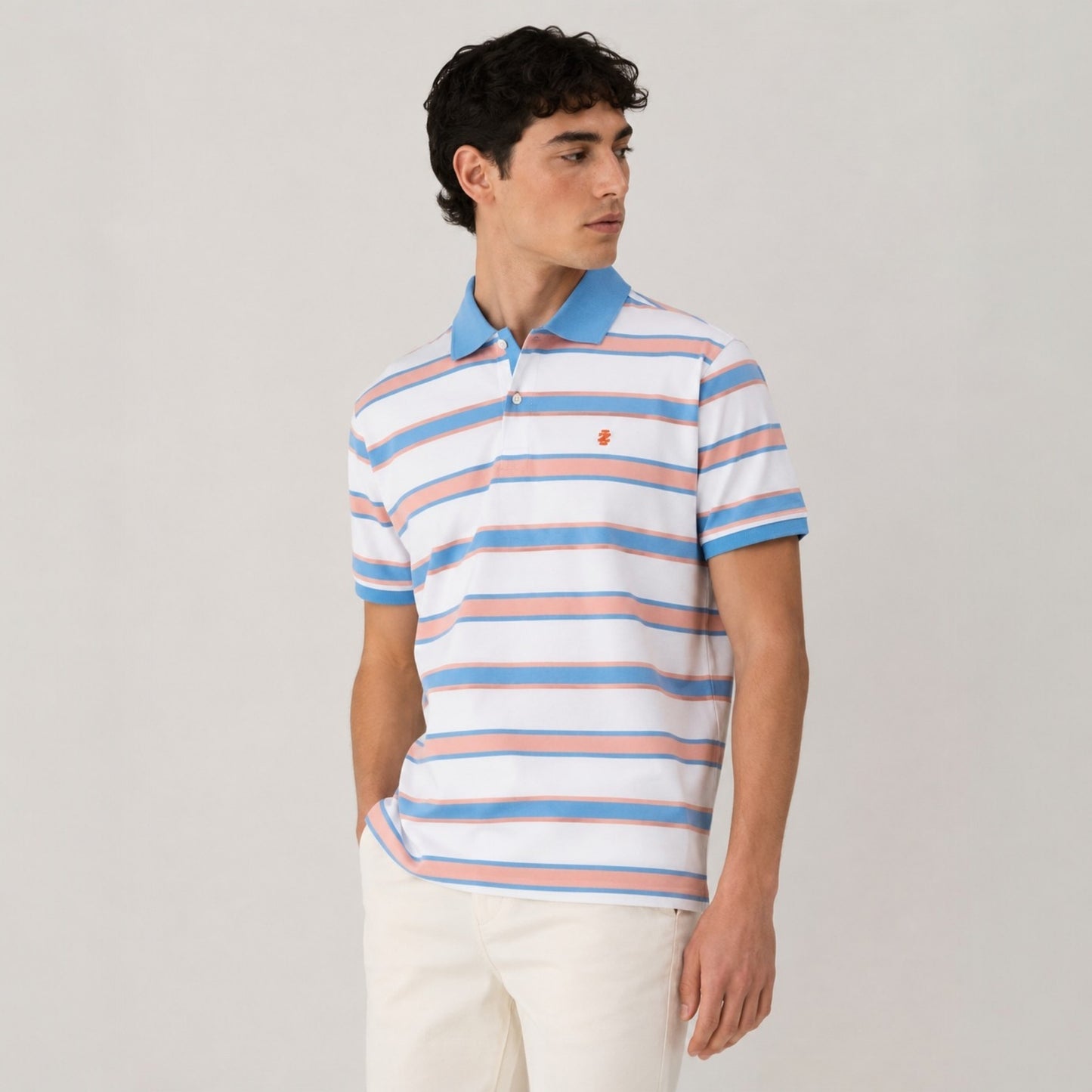 IZOD Advantage Performance Polo Shirt gestreift Weiß Blau Orange Herren Gr. M