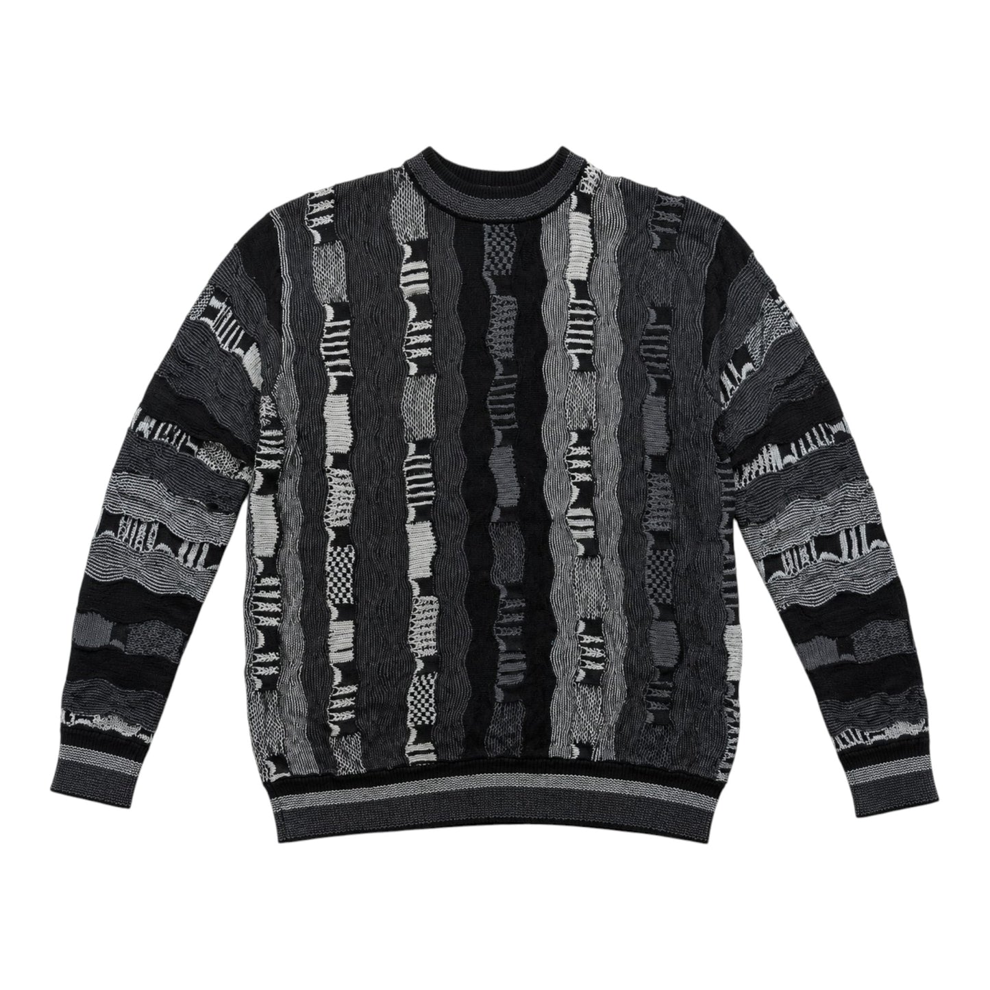 Vintage Coogi-Style Strickpullover XL – 3D Strukturmuster Schwarz/Grau – Baumwolle