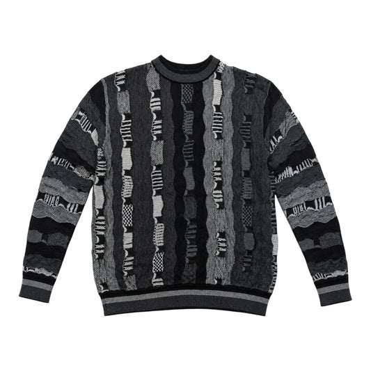 Vintage Coogi-Style Strickpullover XL – 3D Strukturmuster Schwarz/Grau – Baumwolle