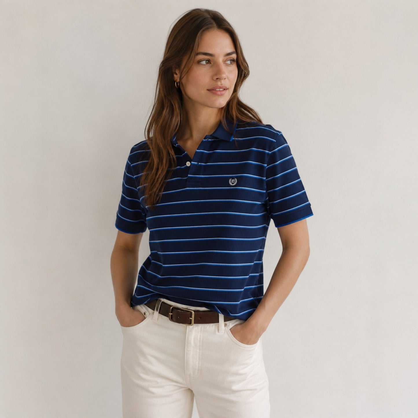 CHAPS Poloshirt Herren Gr. M Navy Blau Gestreift 100% Baumwolle Logo Preppy
