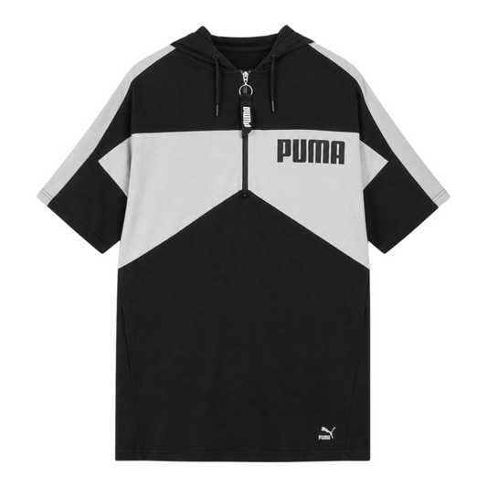 PUMA Kurzarm Hoodie Half-Zip Schwarz/Weiß – Oversized Fit mit Kapuze & Logo Details (XL)