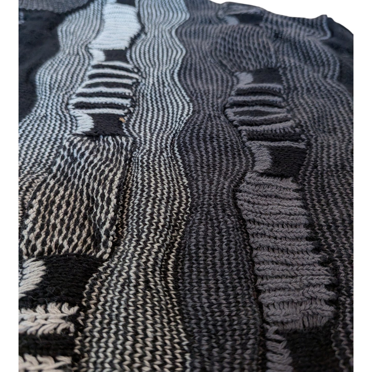 Vintage Coogi-Style Strickpullover XL – 3D Strukturmuster Schwarz/Grau – Baumwolle