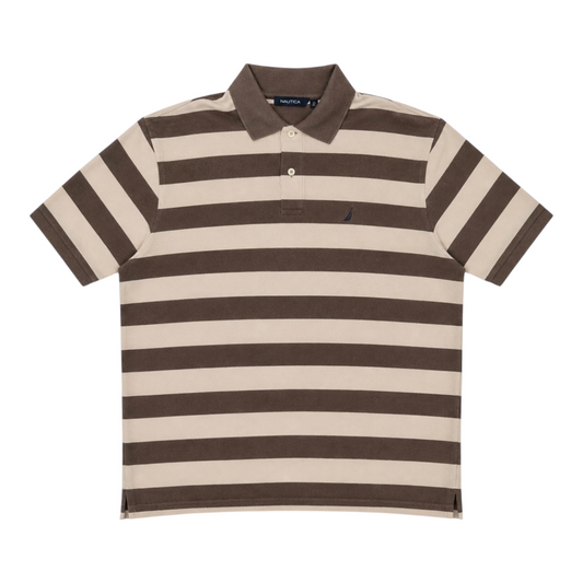 Nautica Vintage Polo Shirt XL Braun Beige Streifen – Logo, geprägte Knöpfe