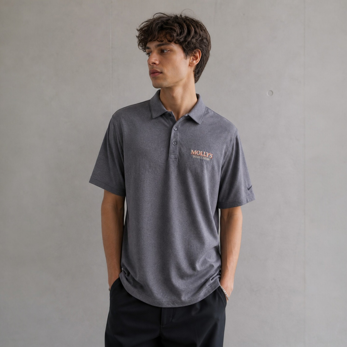 Nike Golf Polo Shirt Grau XL – Mollys Sticklogo, Strukturstoff, Signature Buttons