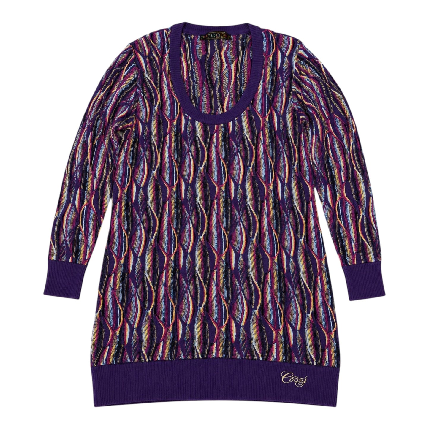 COOGI Damen Longpullover Strickkleid Gr. XL – Buntes 3D Strukturmuster in Lila/Pink Vintage Y2K