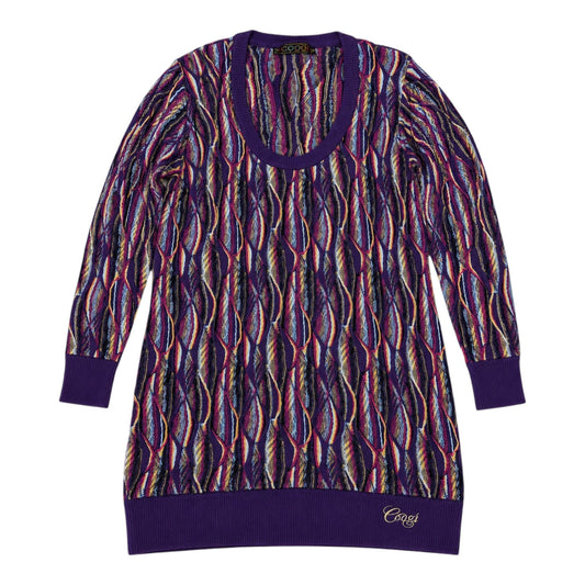 COOGI Damen Longpullover Strickkleid Gr. XL – Buntes 3D Strukturmuster in Lila/Pink Vintage Y2K