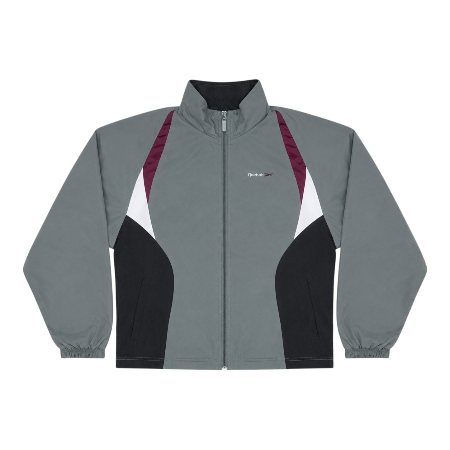 Vintage Reebok Windbreaker Jacke Grau Schwarz Burgundy Größe L (fällt eher M) Y2K Lightweight