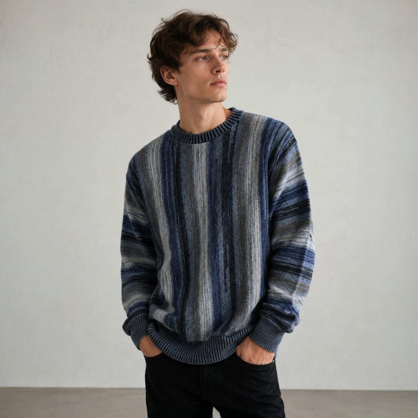 Leo Chevalier Design Vintage Strickpullover Wollmix Grau Blau L/G Made in Italy