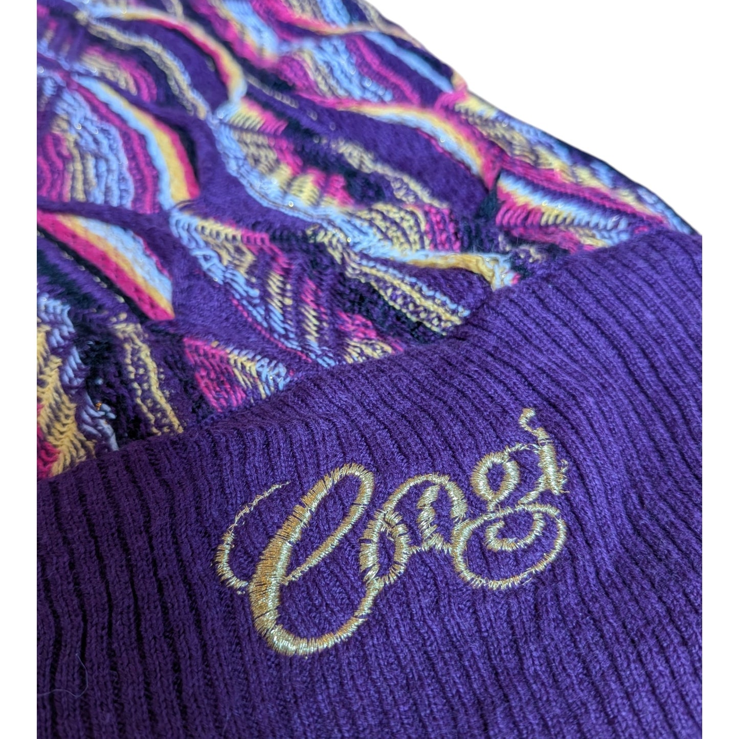 COOGI Damen Longpullover Strickkleid Gr. XL – Buntes 3D Strukturmuster in Lila/Pink Vintage Y2K
