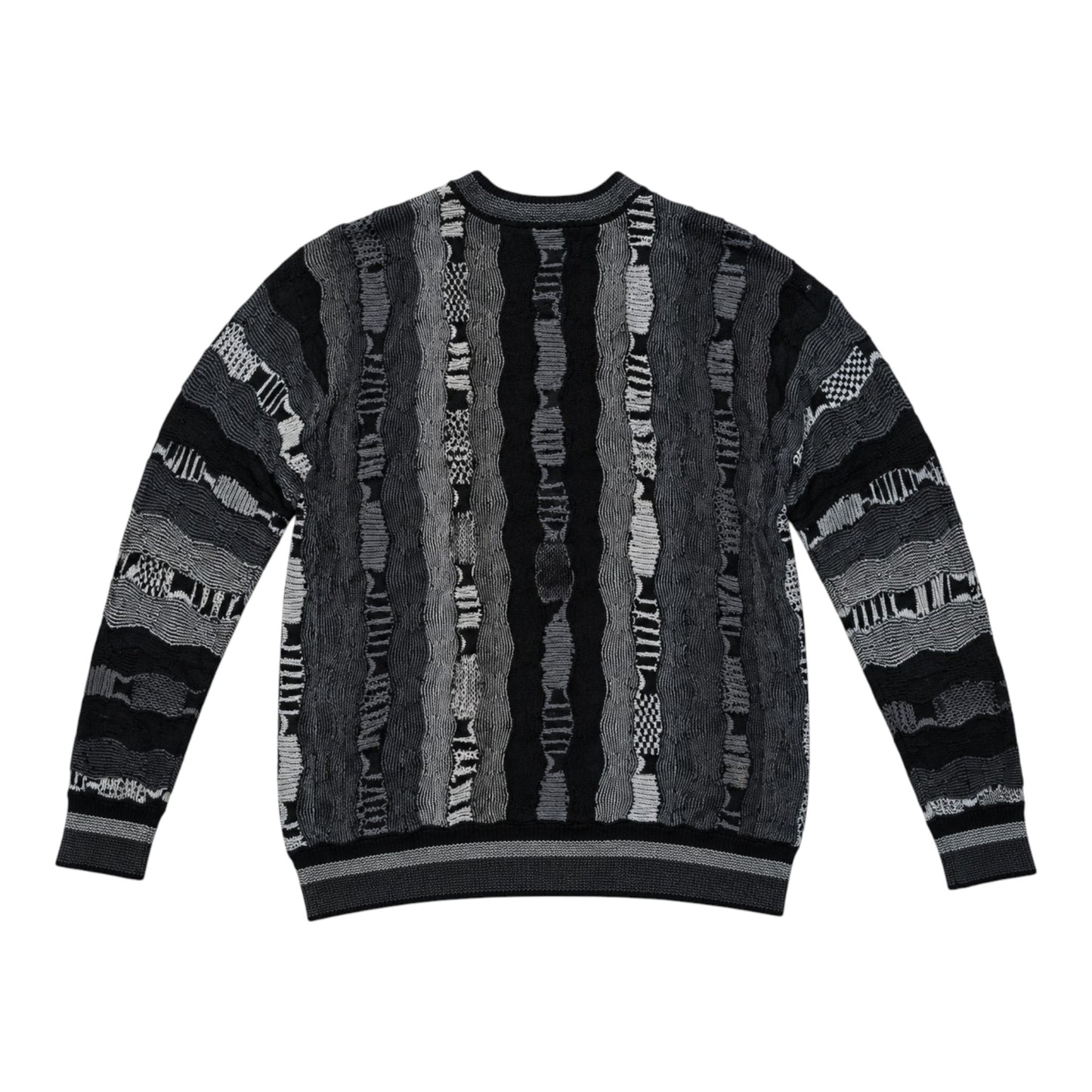 Vintage Coogi-Style Strickpullover XL – 3D Strukturmuster Schwarz/Grau – Baumwolle