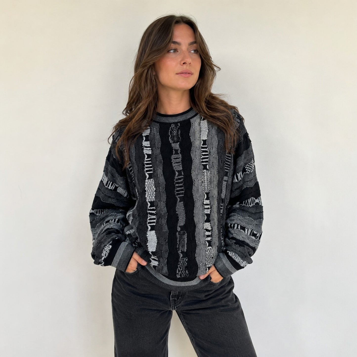 Vintage Coogi-Style Strickpullover XL – 3D Strukturmuster Schwarz/Grau – Baumwolle