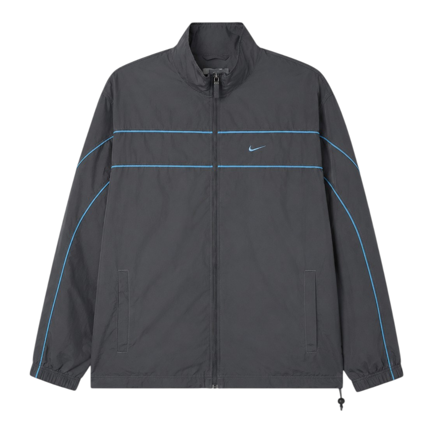 Vintage Nike Windbreaker Jacke Anthrazit Grau mit hellblauen Streifen und gesticktem Swoosh – Größe M